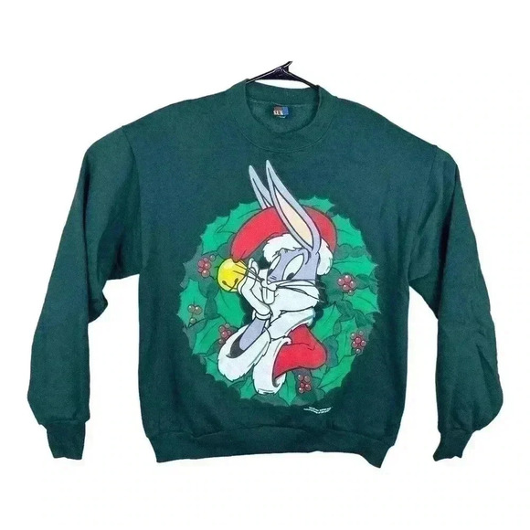 Vintage Christmas Looney Tunes Bugs Bunny Crewneck Size Medium Green 1994 Warner - Picture 1 of 12